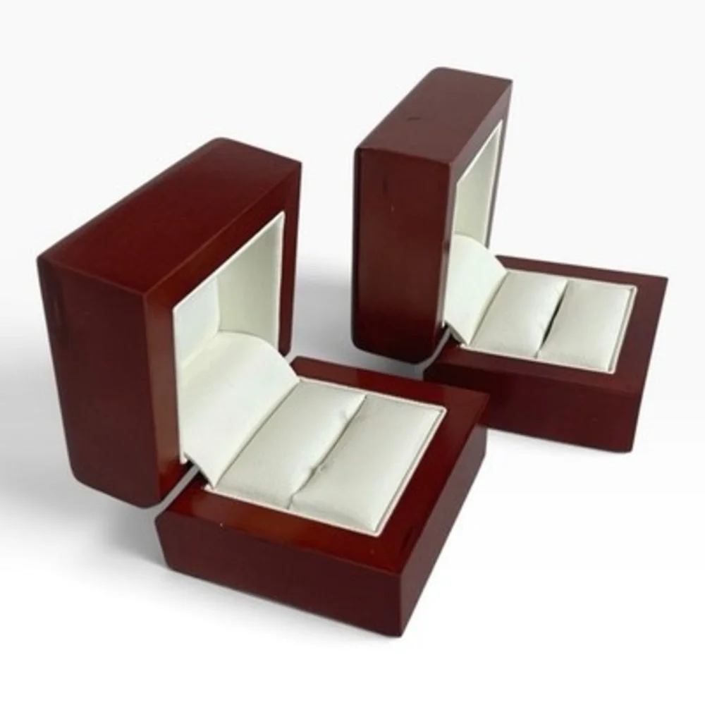 Glossy Mahogany Wood Double Slot Ring Box Set of 2 White Leather Interior